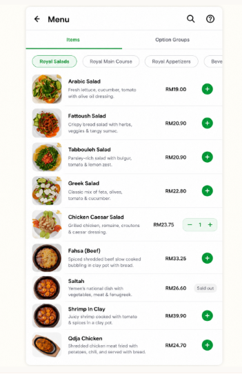 Delivery menu with item photos and descriptions