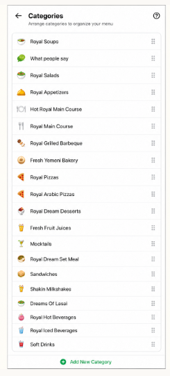 Organised delivery menu categories